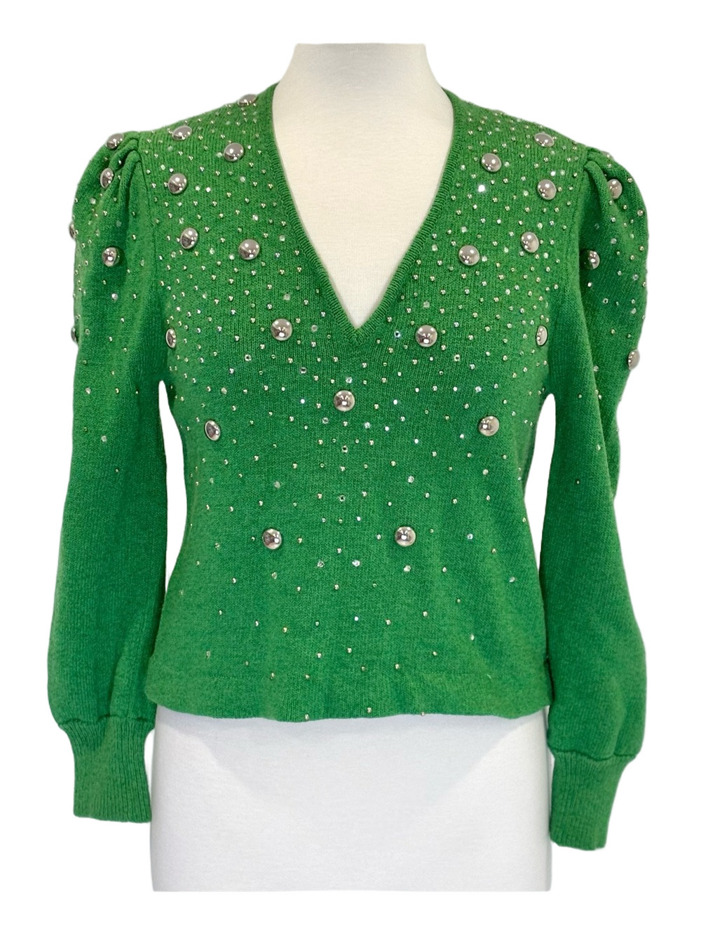 Green embellished v-neck sweater